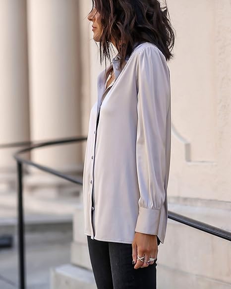 Long-Sleeve Button-Down Stretch Satin Shirt