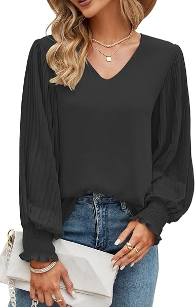 Womens Tops Pleated Lantern Sleeve V-Neck Shirts