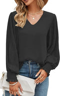 Womens Tops Pleated Lantern Sleeve V-Neck Shirts