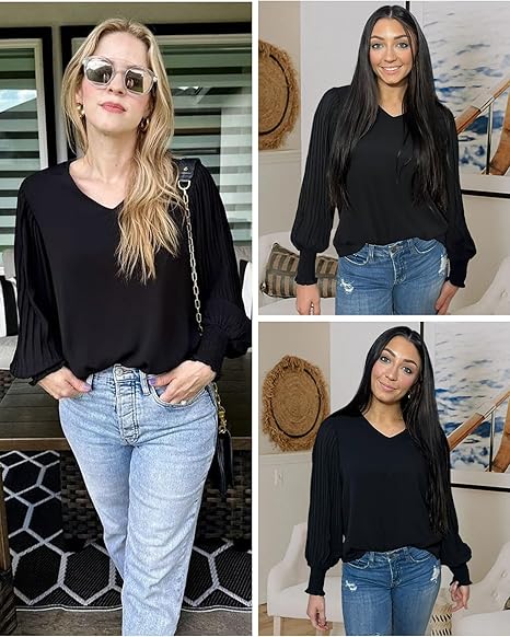 Womens Tops Pleated Lantern Sleeve V-Neck Shirts