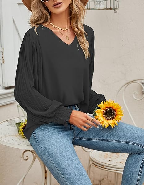 Womens Tops Pleated Lantern Sleeve V-Neck Shirts