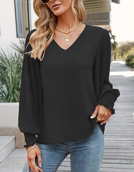 Womens Tops Pleated Lantern Sleeve V-Neck Shirts